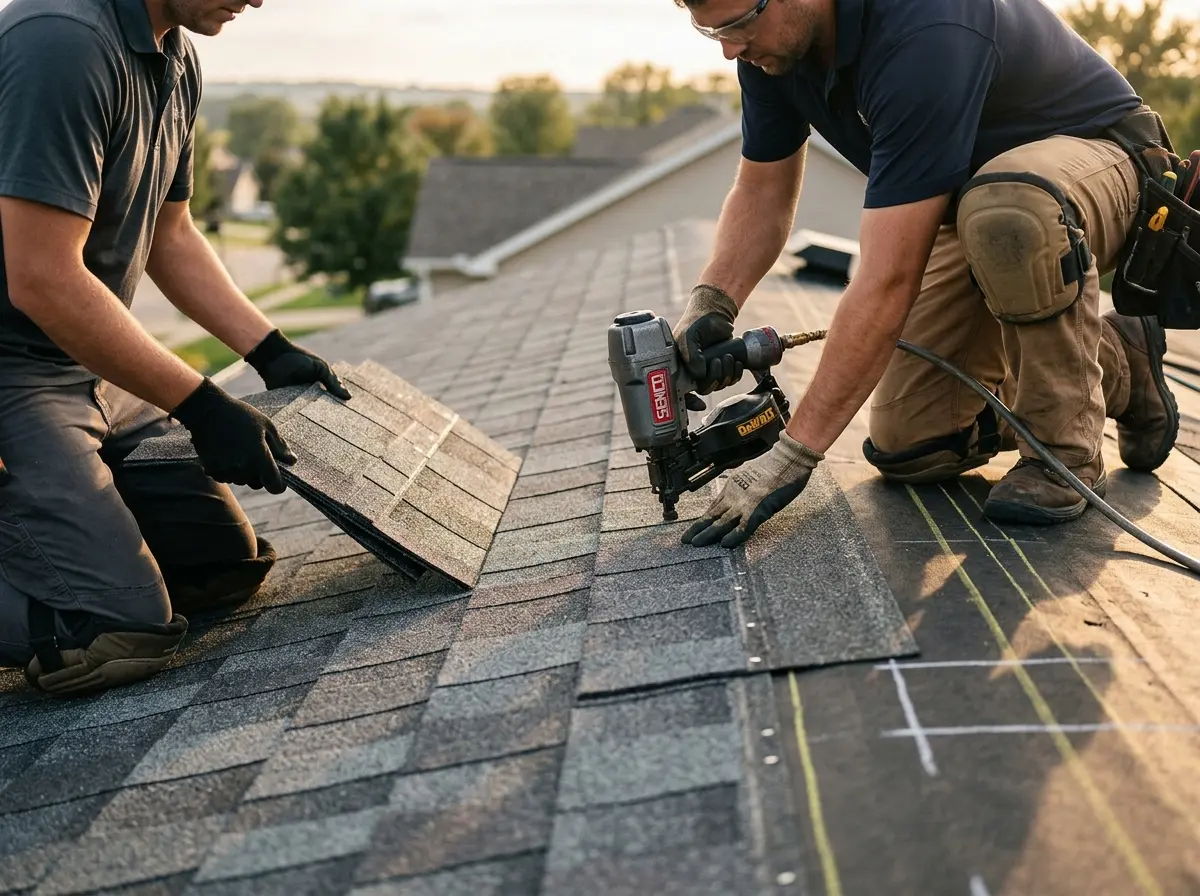Professional roofer working on a residential roof in Fletcher
